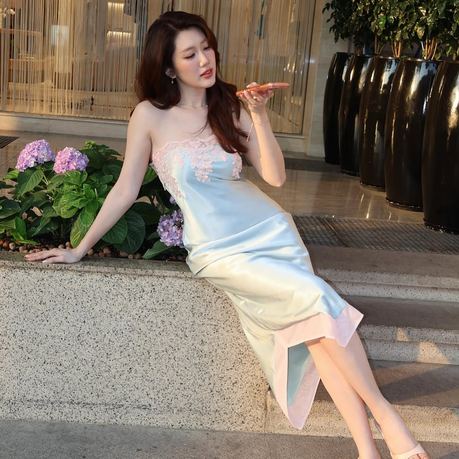 sexy hot girl backless slim-fit low-neck irregular strapless dress