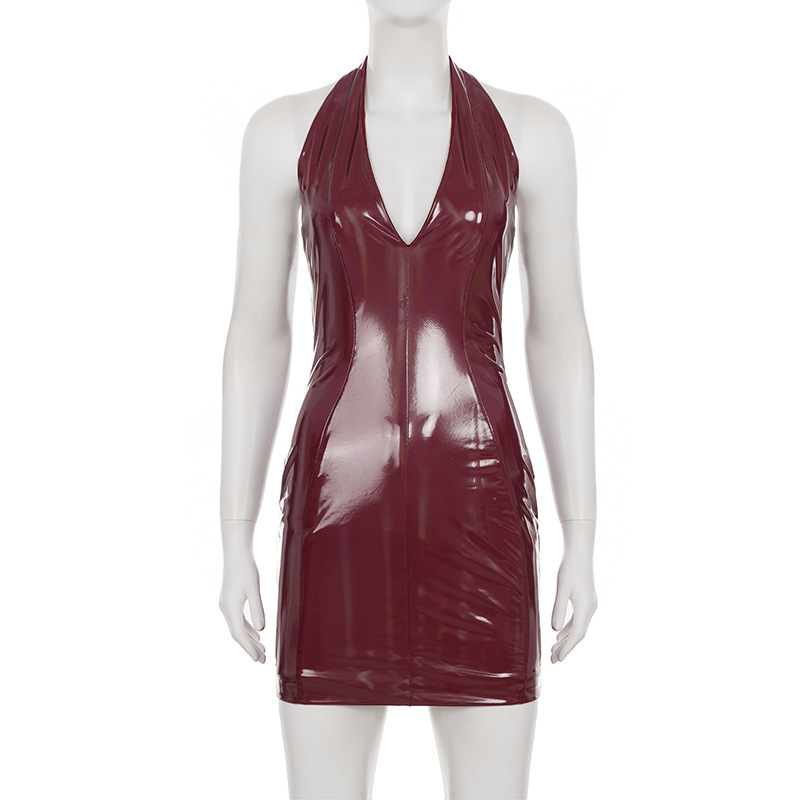 Women's Halterneck V-Neck Bodycon Dress with Glossy Leather-Like Finish