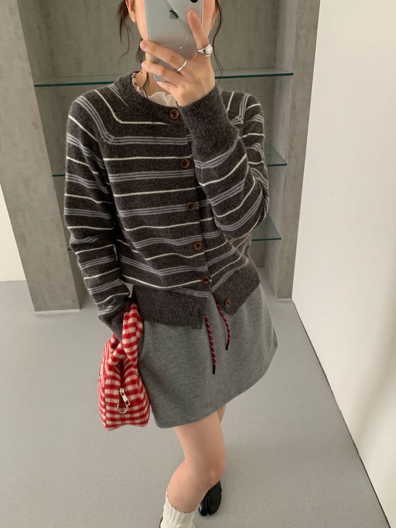 Women Retro Color Block Striped Knit Cardigan Round Neck Long Sleeve Slimming Sweater