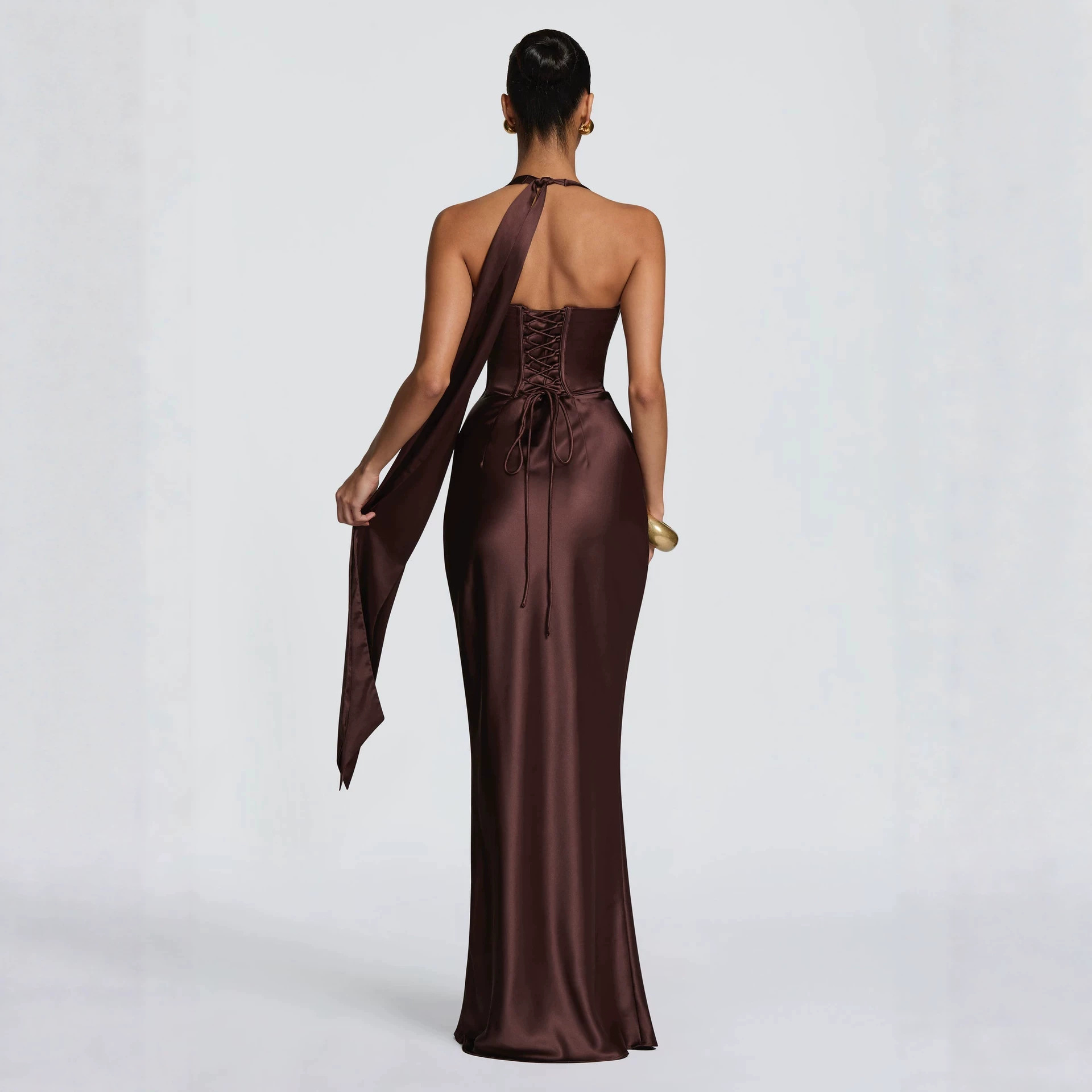 Fashion Elegant Satin Halter Neck Ribbon Backless Cross-Tie Floor-Length Fishtail Gown Dress