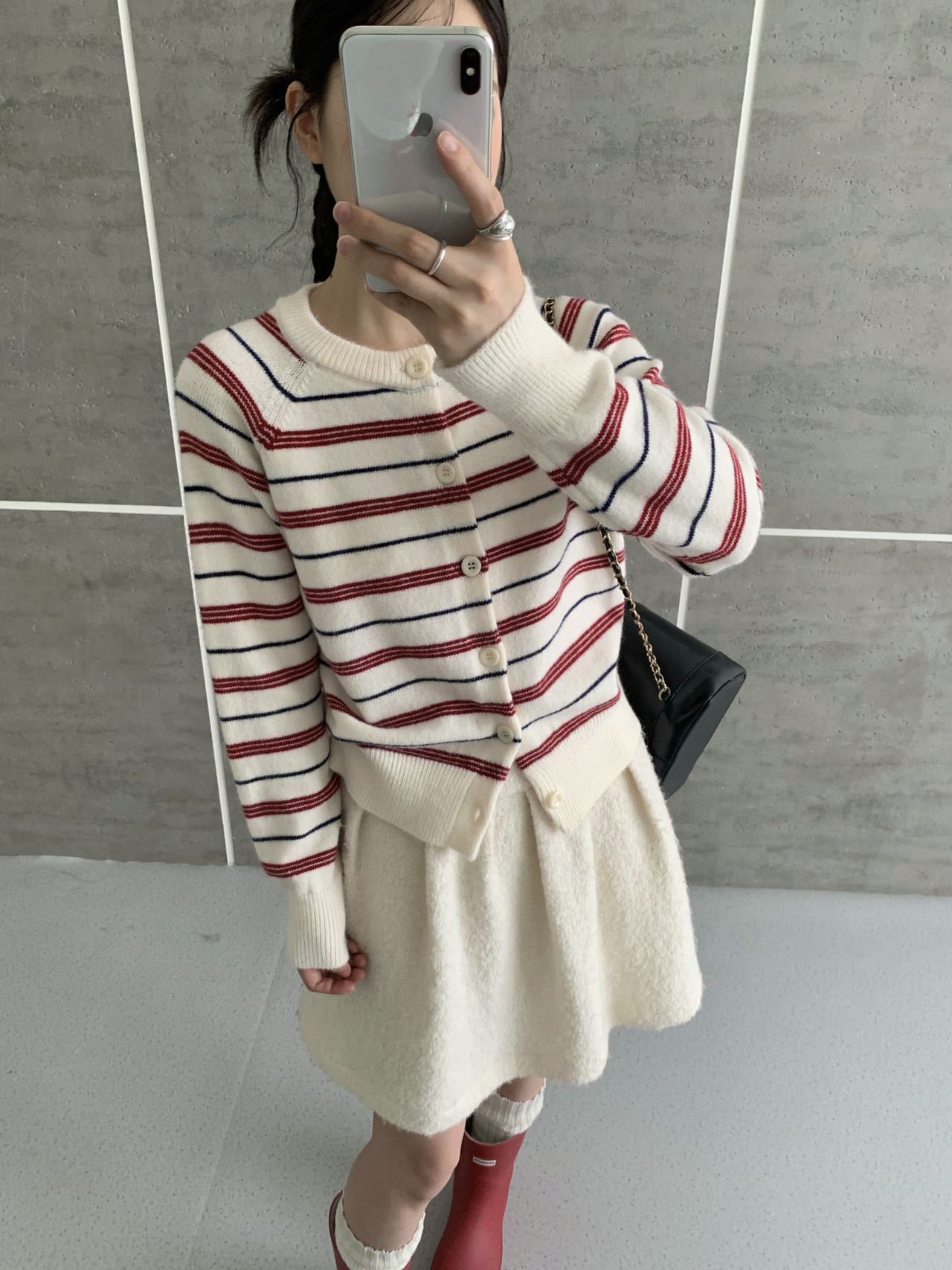 Women Retro Color Block Striped Knit Cardigan Round Neck Long Sleeve Slimming Sweater