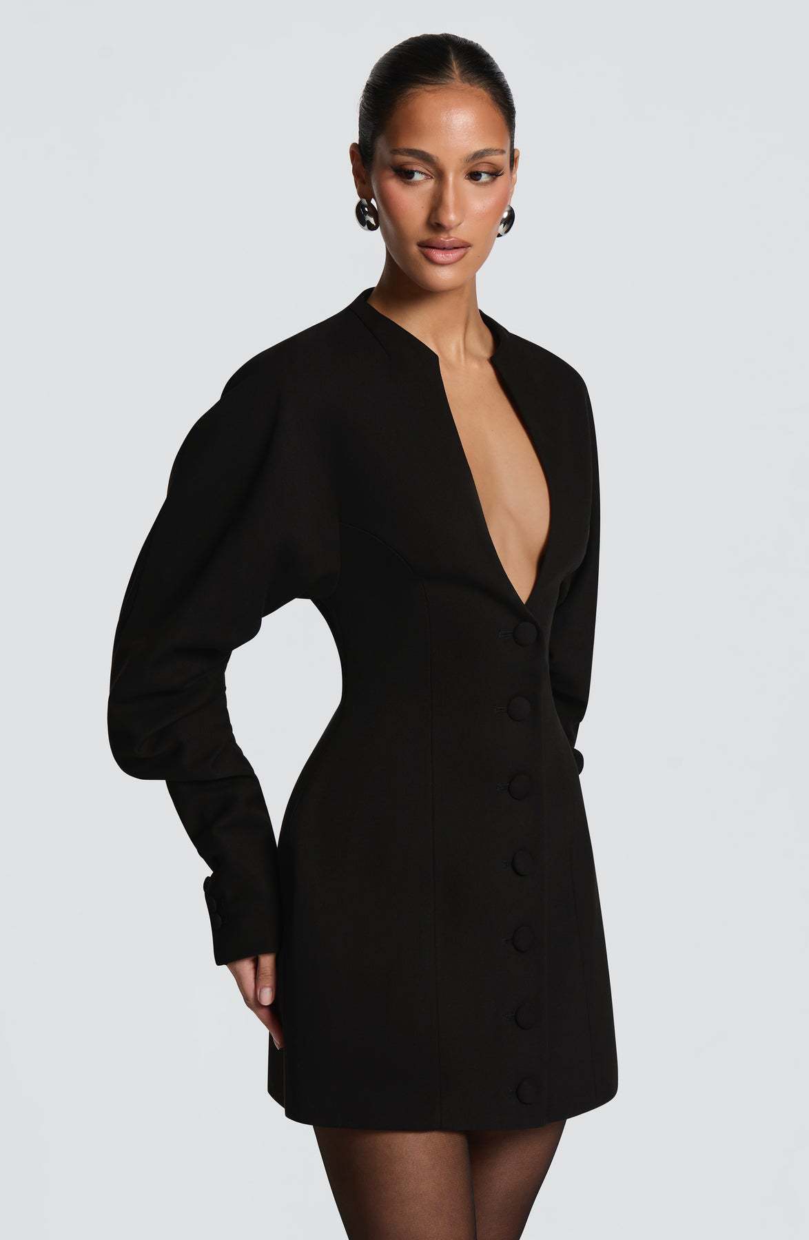 Women's Solid Mid-Length Slim Fit Boucle V-Neck Coat