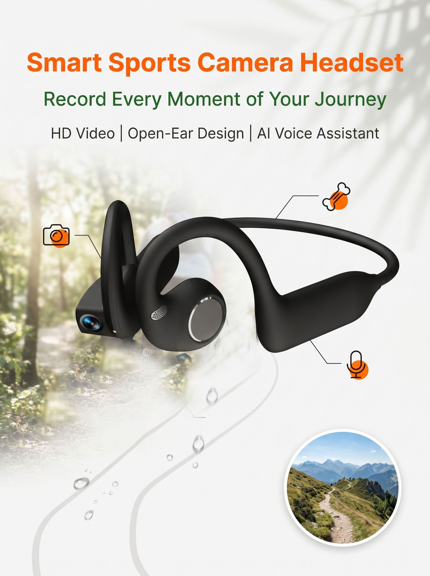 Smart Bluetooth Headset with 800W Camera AI Translation OTA 8GB Memory Voice Assistant