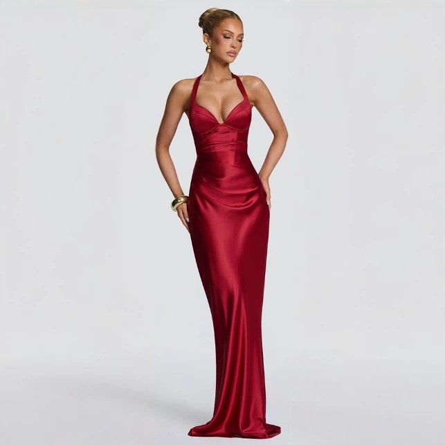 Fashion Elegant Satin Halter Neck Ribbon Backless Cross-Tie Floor-Length Fishtail Gown Dress