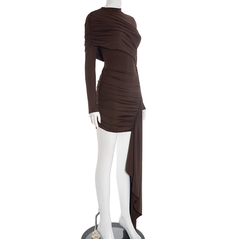 Women's Elegant Asymmetrical Ribbon Round Neck Slim Fit Long Sleeve Dress