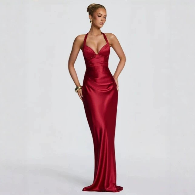 Fashion Elegant Satin Halter Neck Ribbon Backless Cross-Tie Floor-Length Fishtail Gown Dress