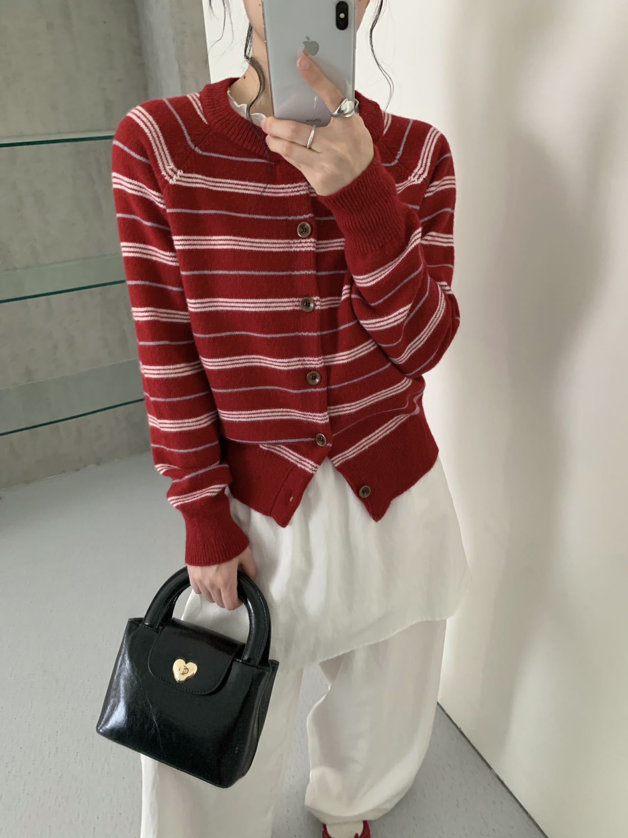 Women Retro Color Block Striped Knit Cardigan Round Neck Long Sleeve Slimming Sweater