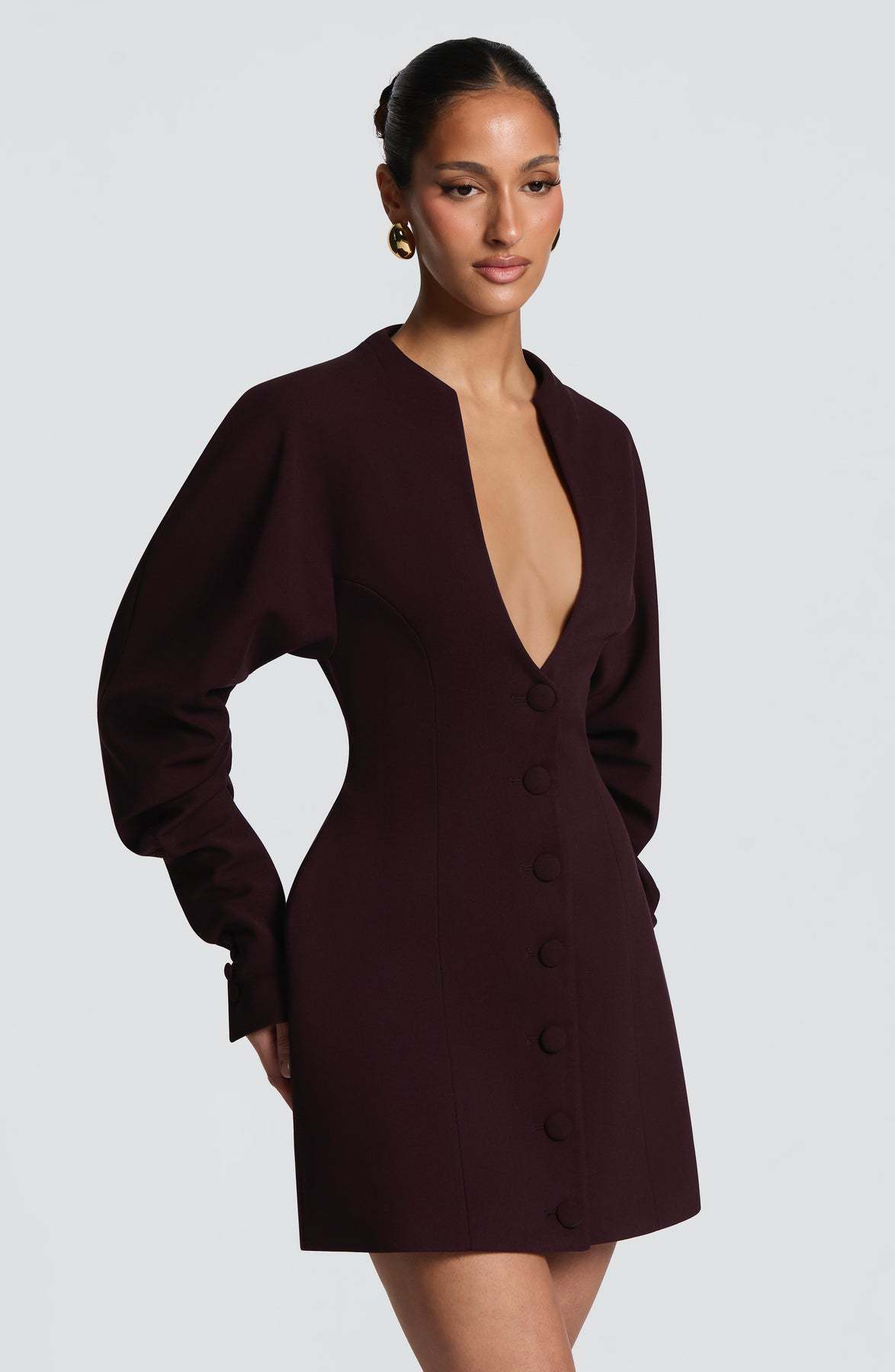 Women's Solid Mid-Length Slim Fit Boucle V-Neck Coat