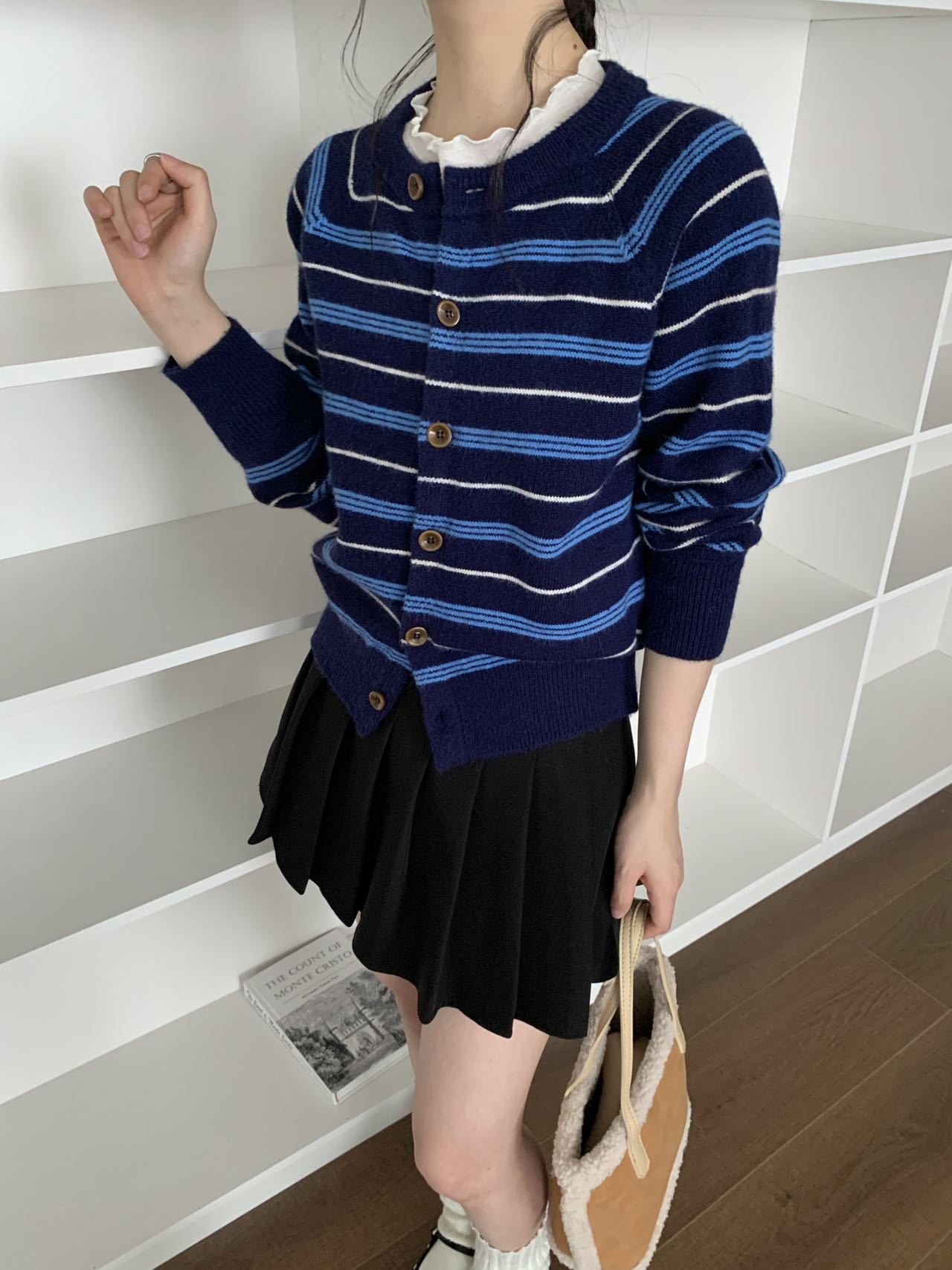 Women Retro Color Block Striped Knit Cardigan Round Neck Long Sleeve Slimming Sweater