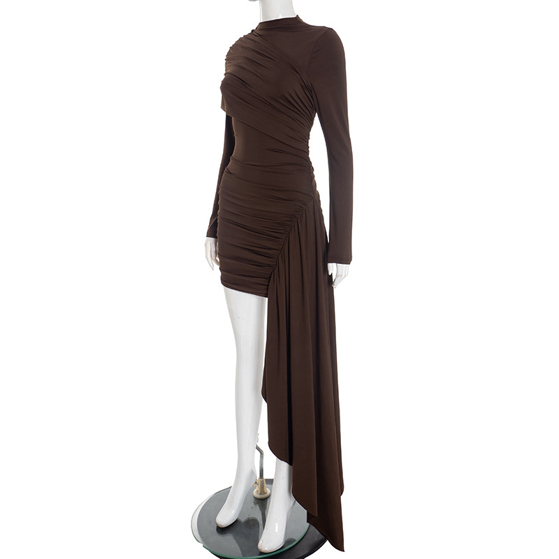 Women's Elegant Asymmetrical Ribbon Round Neck Slim Fit Long Sleeve Dress