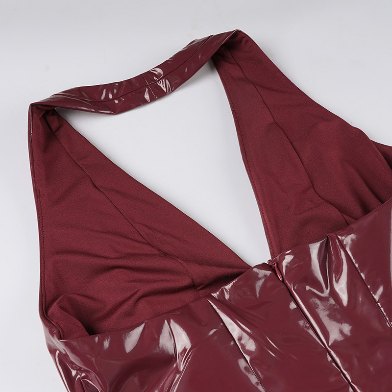 Women's Halterneck V-Neck Bodycon Dress with Glossy Leather-Like Finish