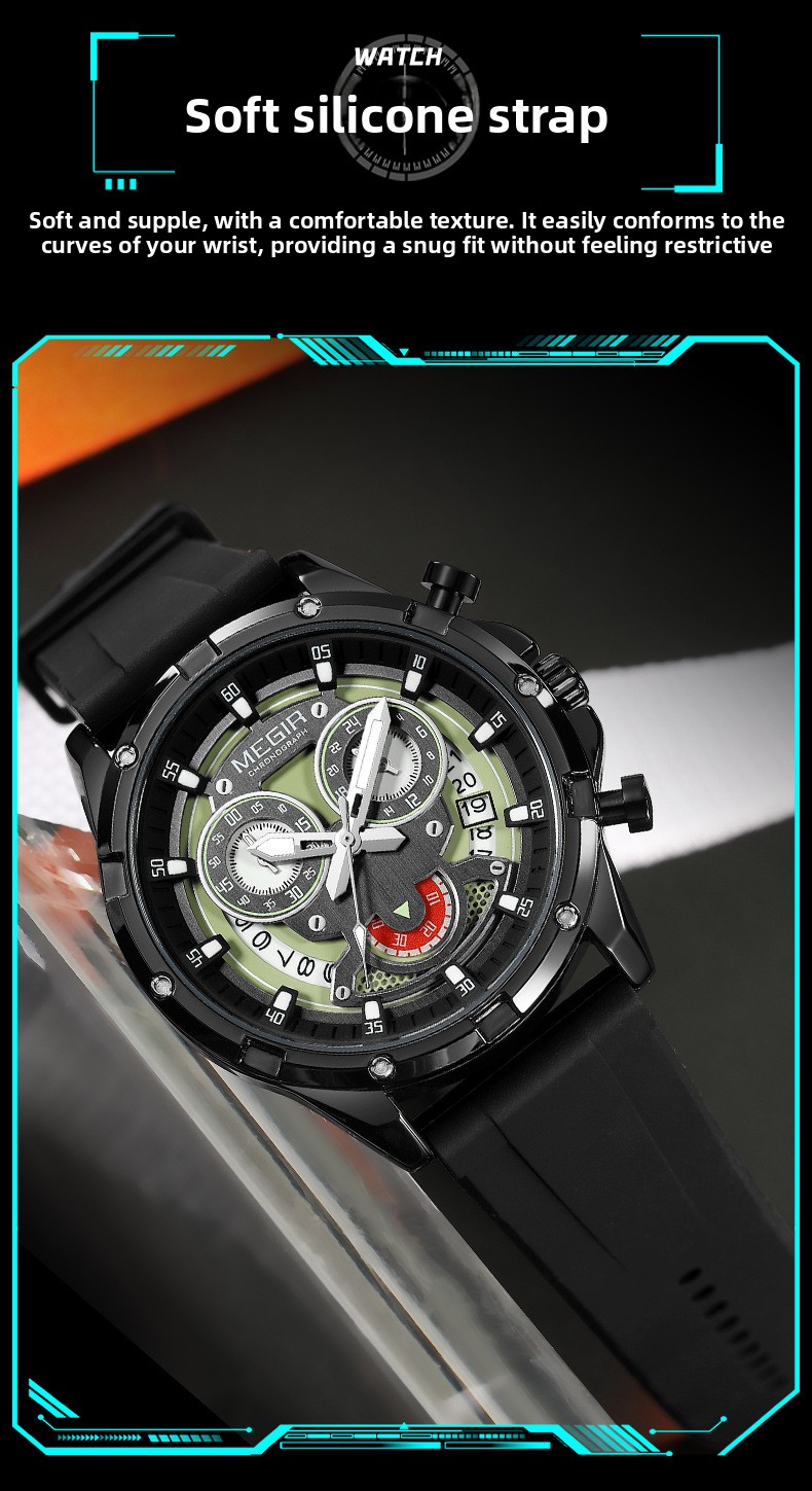 MEGIR Men's Casual Silicone Strap Quartz Chronograph Watch
