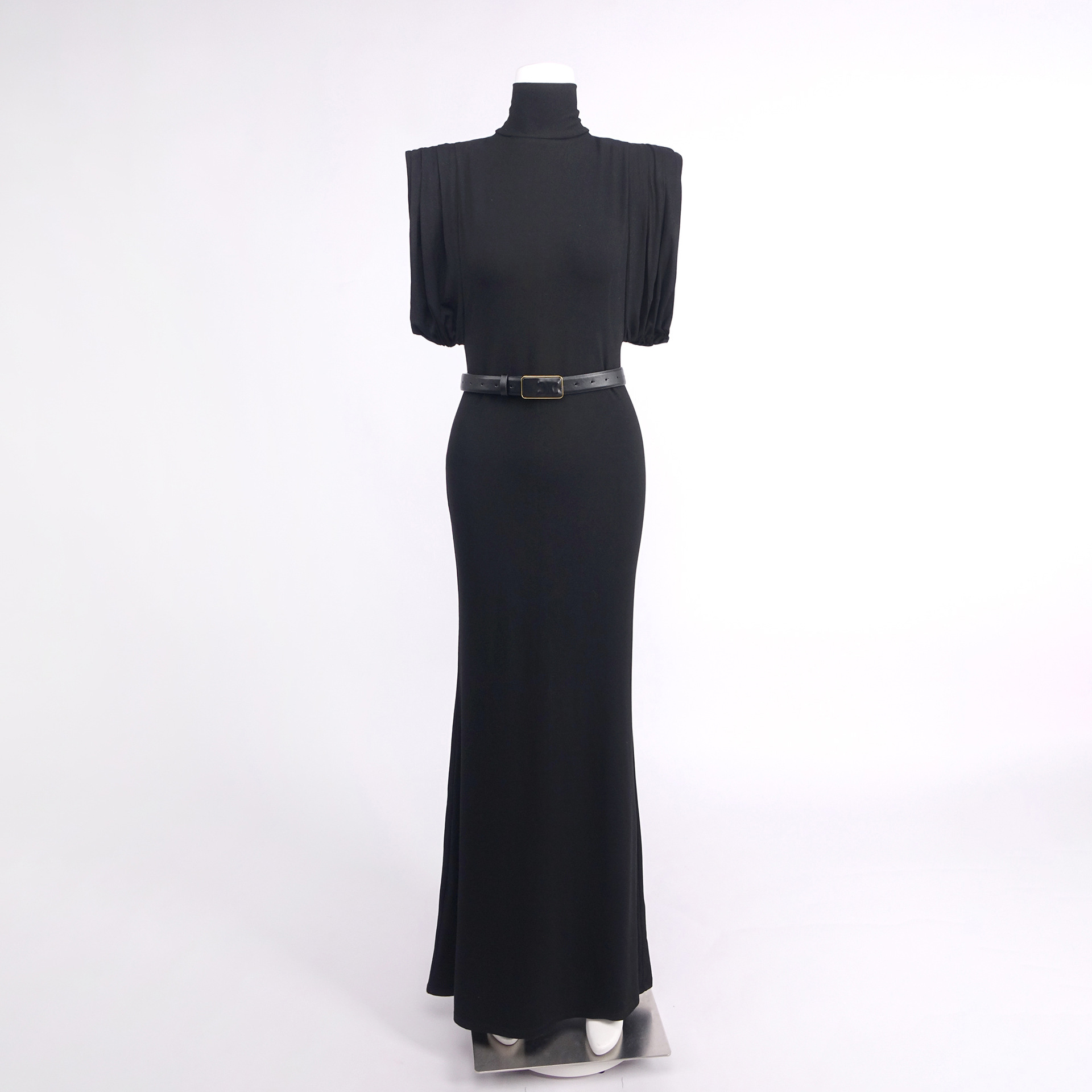 Women's Sleeveless High Neck Evening Party Long Dress with Belt