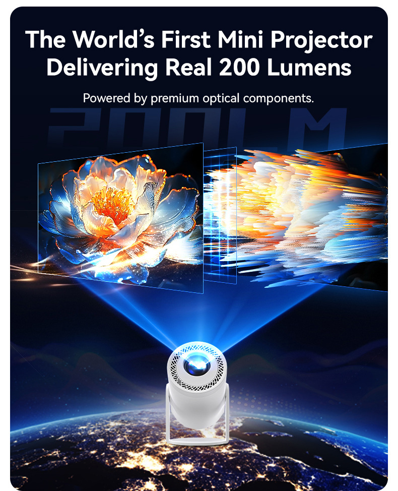 Mini Projector 200 Lumens Smart Screen Mirroring 235-Inch Display