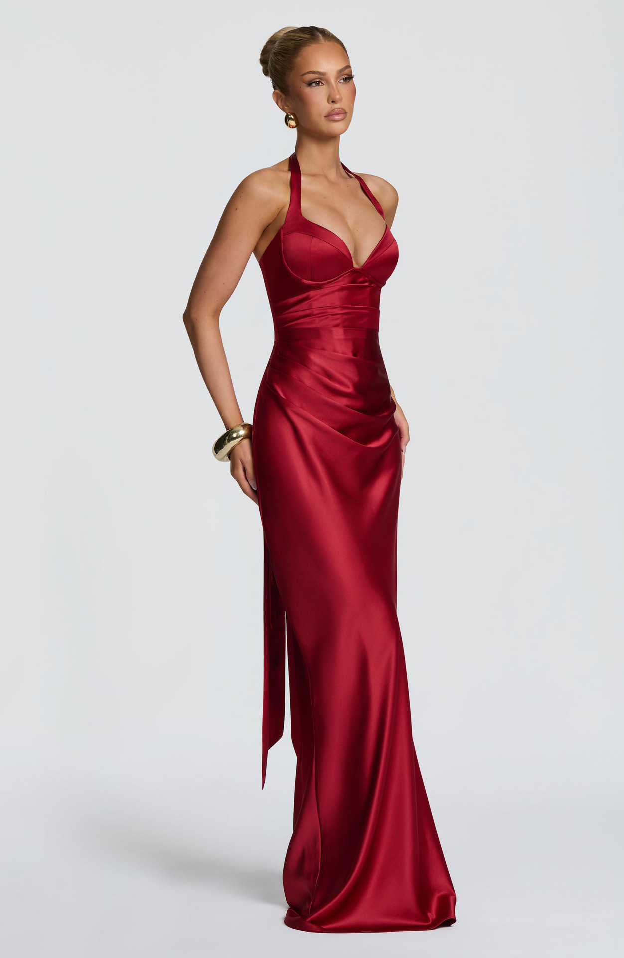 Fashion Elegant Satin Halter Neck Ribbon Backless Cross-Tie Floor-Length Fishtail Gown Dress