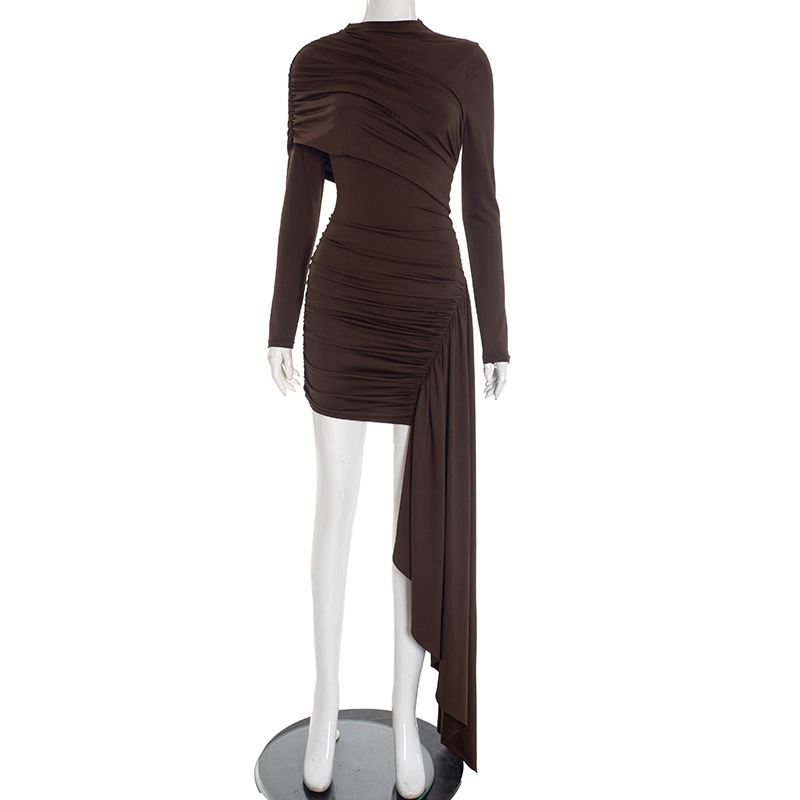 Women's Elegant Asymmetrical Ribbon Round Neck Slim Fit Long Sleeve Dress