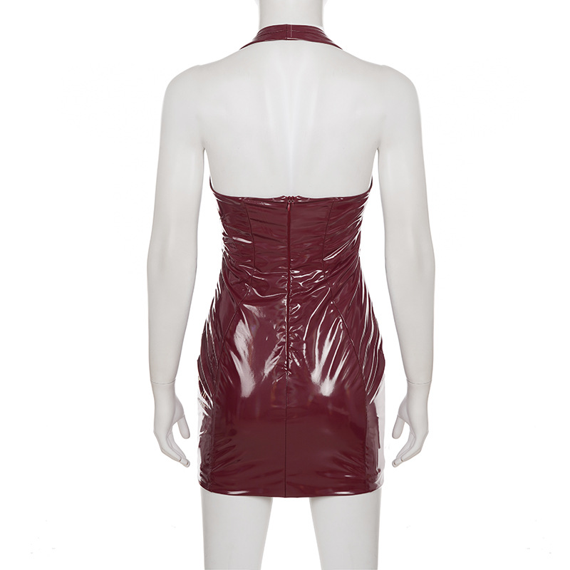 Women's Halterneck V-Neck Bodycon Dress with Glossy Leather-Like Finish