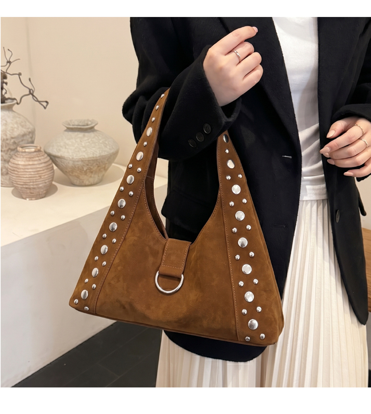 Women's Corduroy Studded Magnetic Clasp Underarm Bag