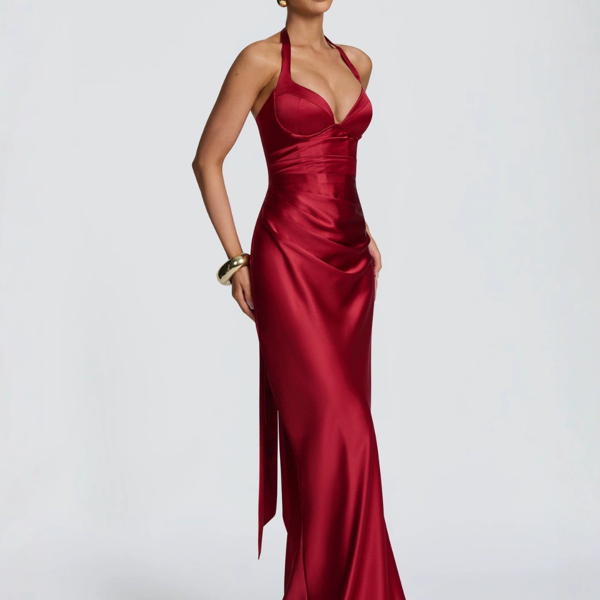 Fashion Elegant Satin Halter Neck Ribbon Backless Cross-Tie Floor-Length Fishtail Gown Dress