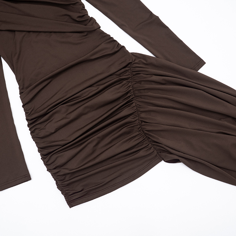 Women's Elegant Asymmetrical Ribbon Round Neck Slim Fit Long Sleeve Dress