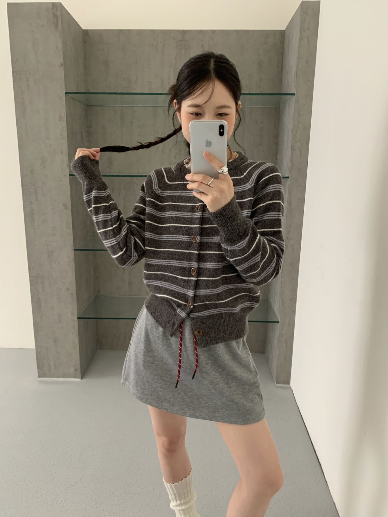Women Retro Color Block Striped Knit Cardigan Round Neck Long Sleeve Slimming Sweater
