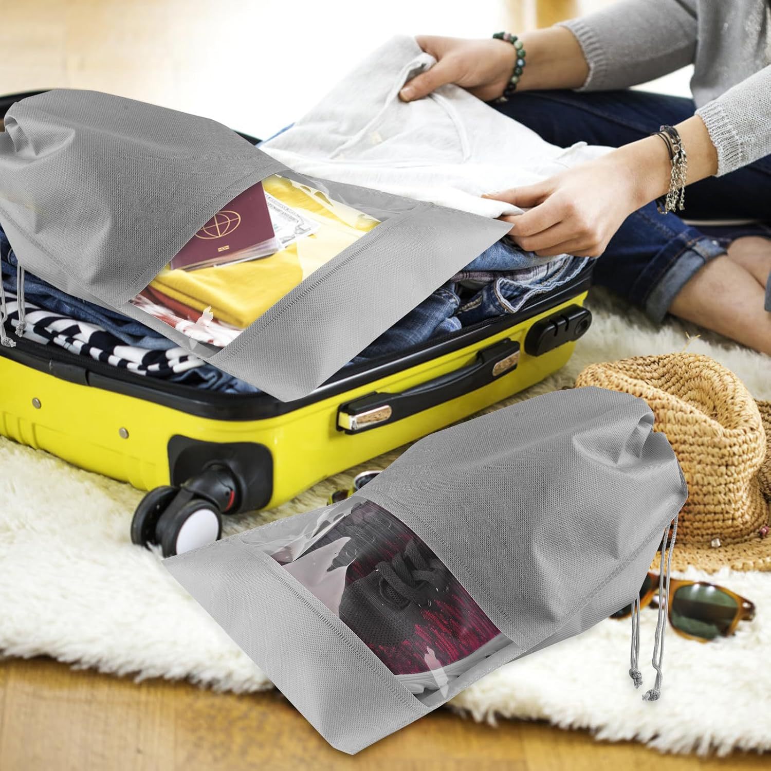 Foldable Non-Woven Drawstring Shoe Bag with Transparent Window, Dustproof Travel Storage Organizer