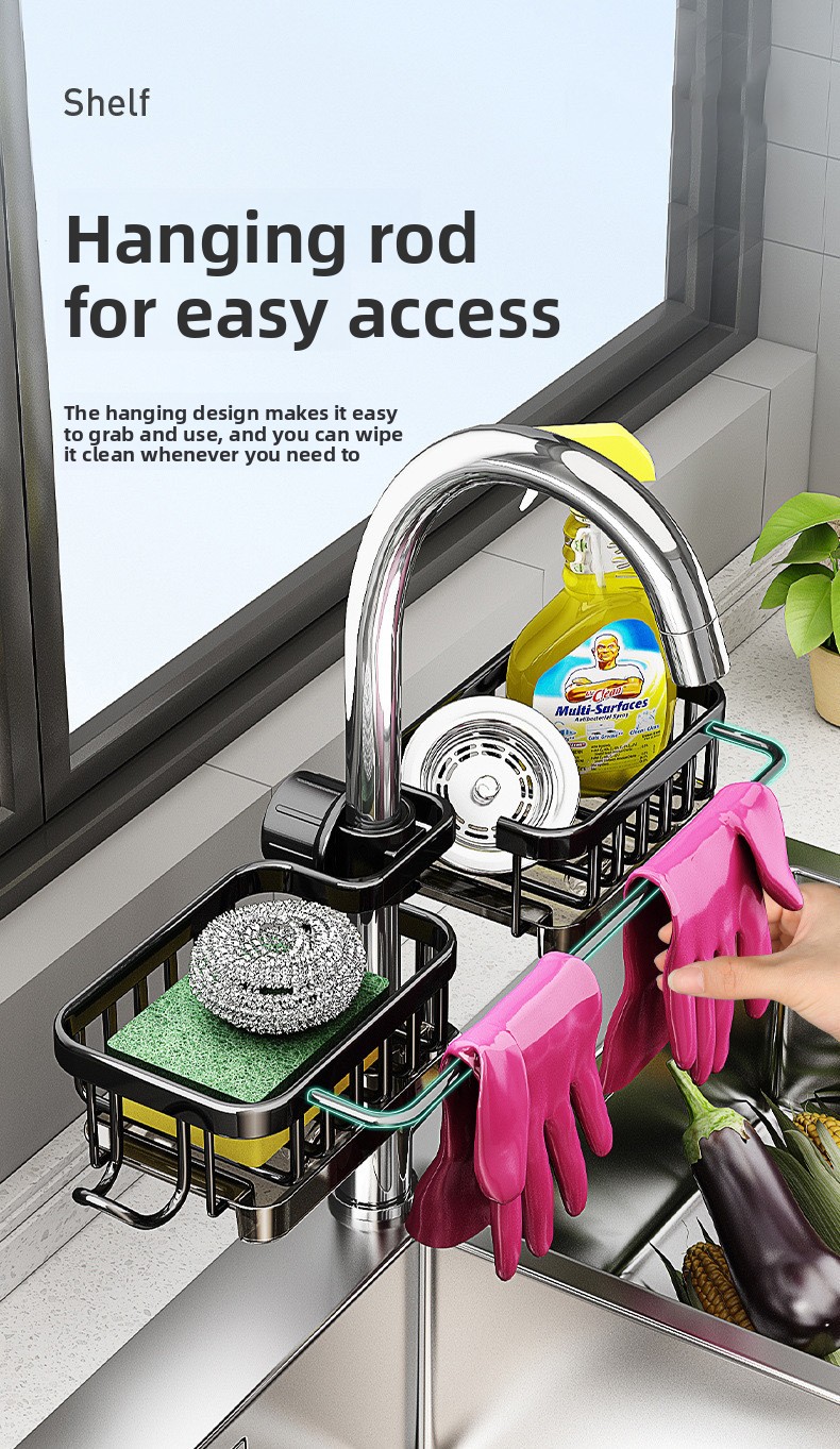 Space Aluminum Faucet Sink Storage Rack with Drip Tray