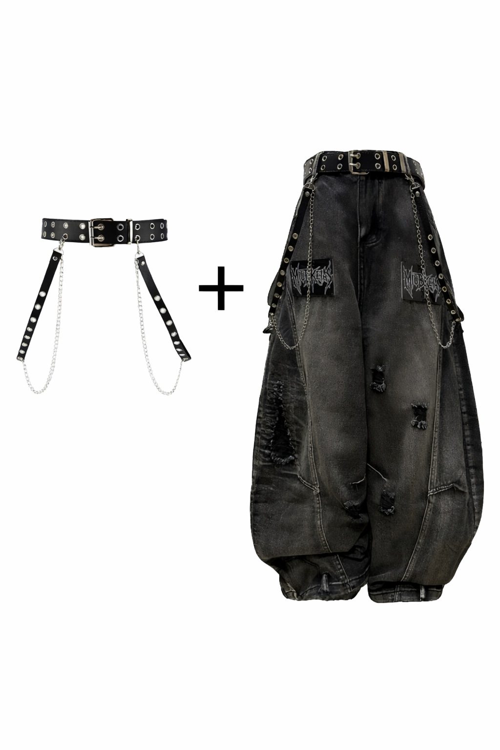 Punk-Style Distressed Ripped Denim Wide-Leg Pants