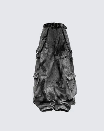 Men's Deconstructed Patchwork Multi-Pocket Ripped Wide-Leg Jeans