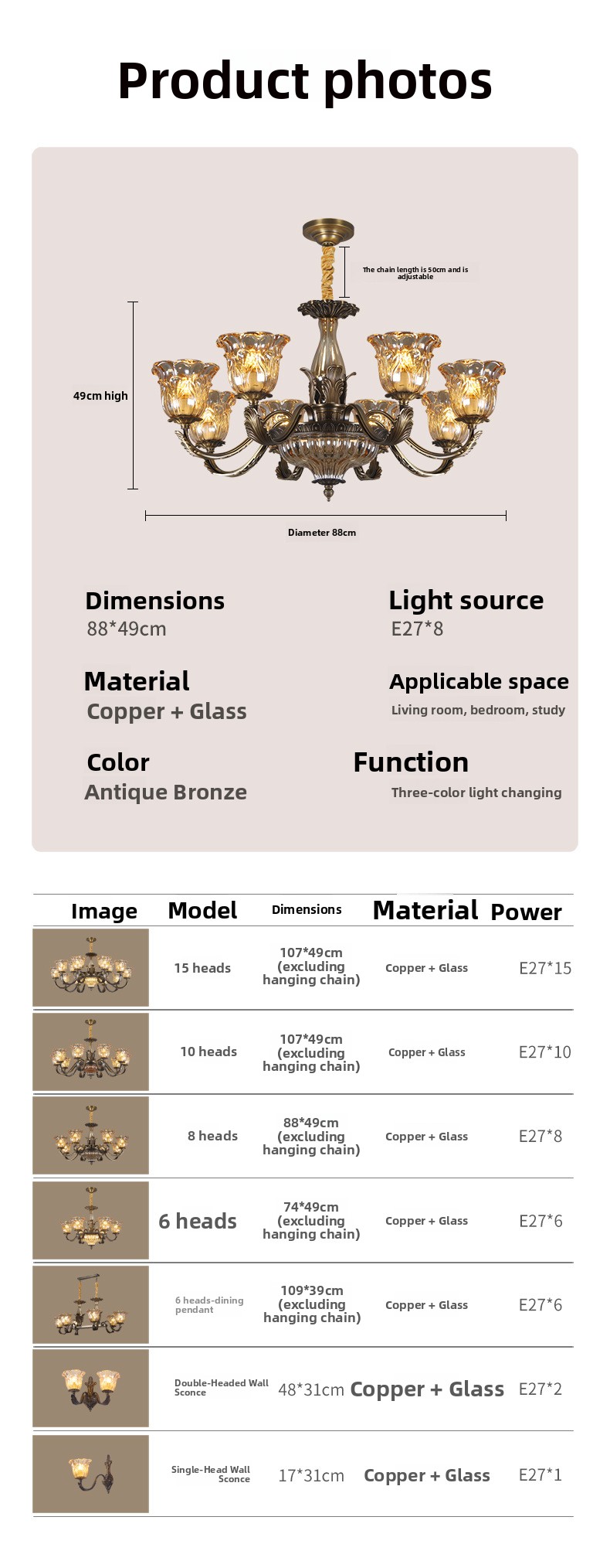 All-Copper American Retro Multi-Head Chandelier Glass Shade Pendant Light for Living Room Dining Room