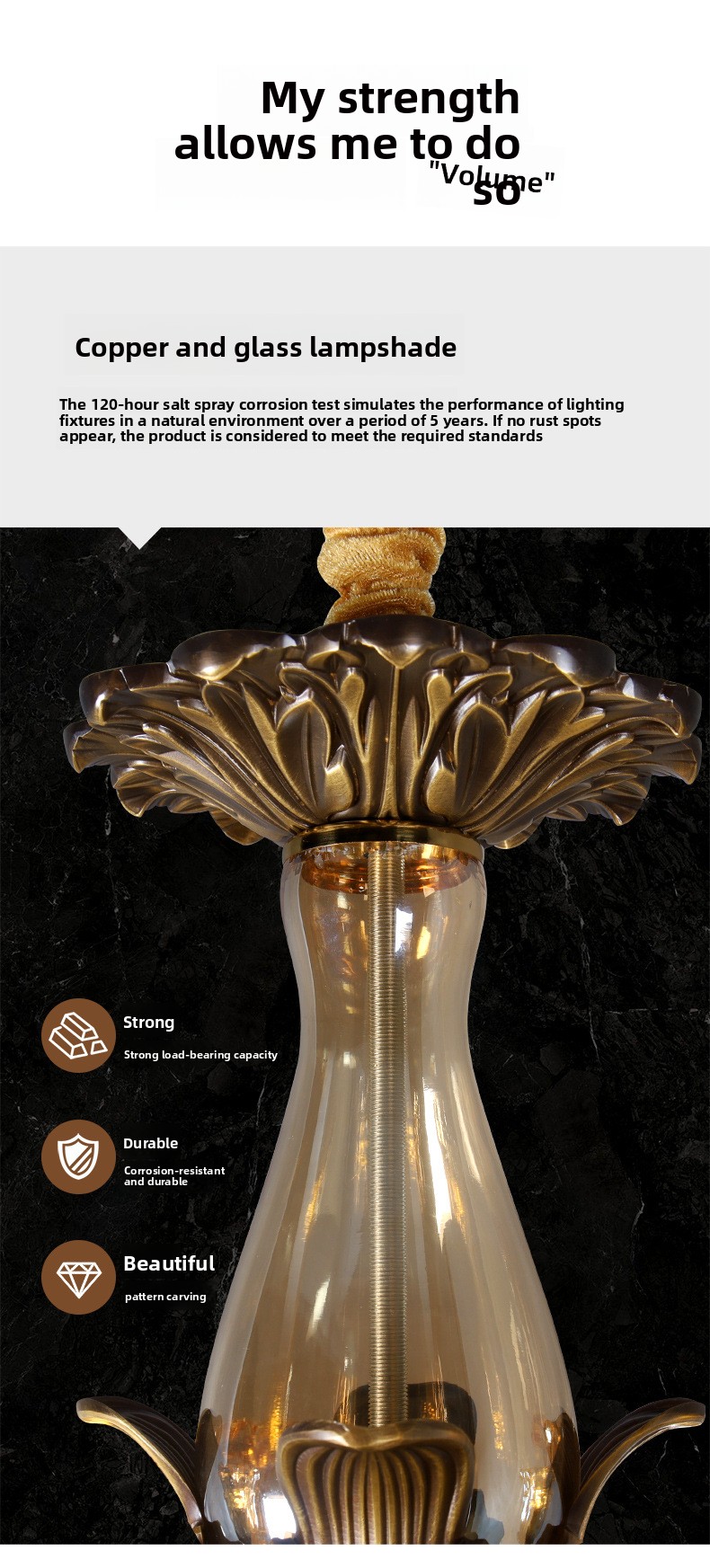 All-Copper American Retro Multi-Head Chandelier Glass Shade Pendant Light for Living Room Dining Room