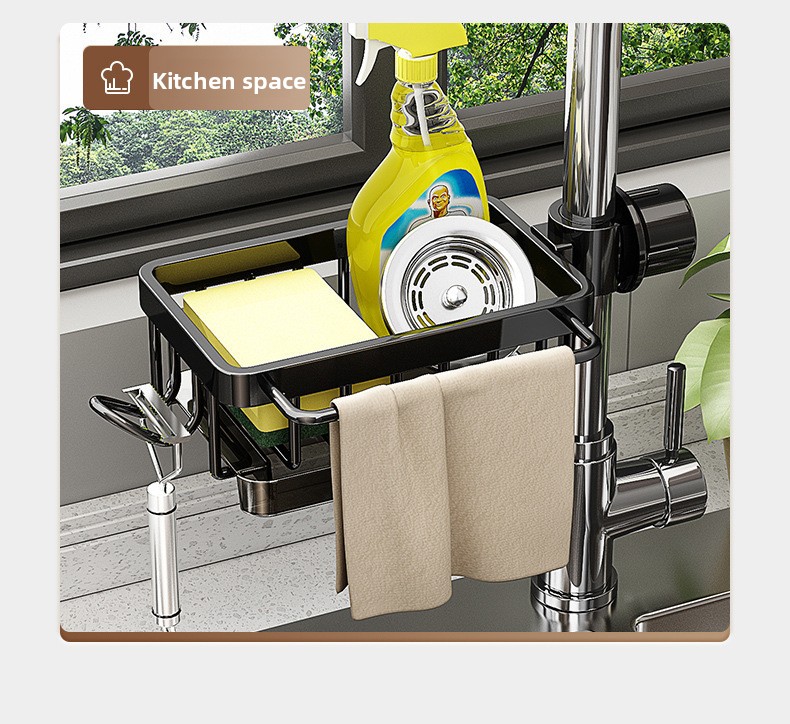 Space Aluminum Faucet Sink Storage Rack with Drip Tray
