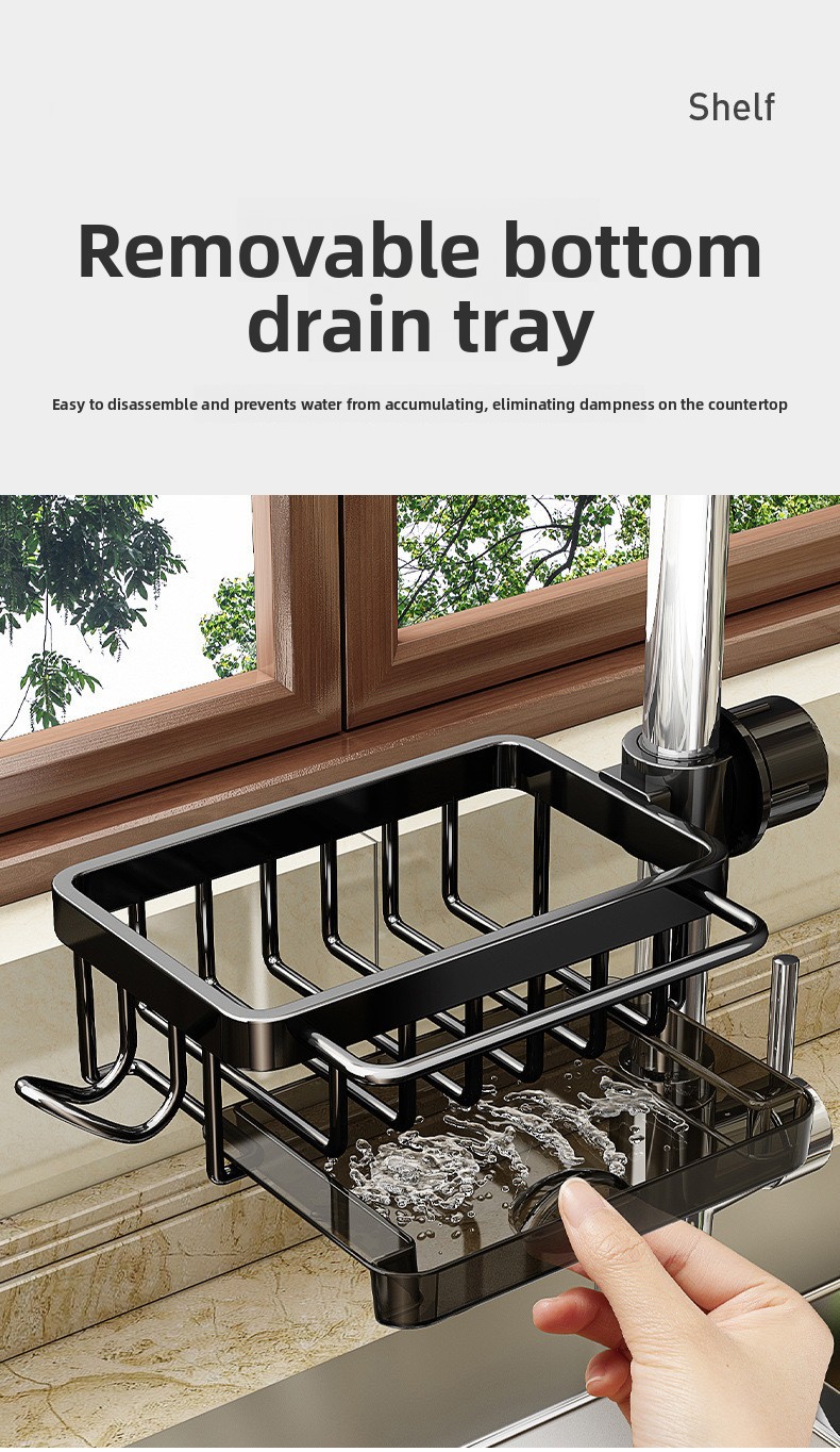 Space Aluminum Faucet Sink Storage Rack with Drip Tray