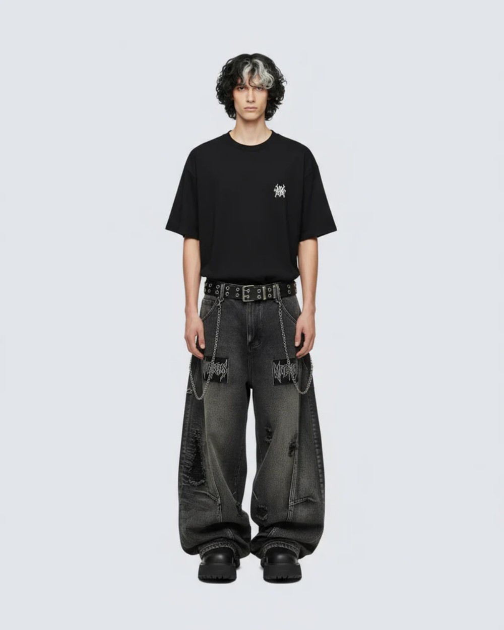 Punk-Style Distressed Ripped Denim Wide-Leg Pants