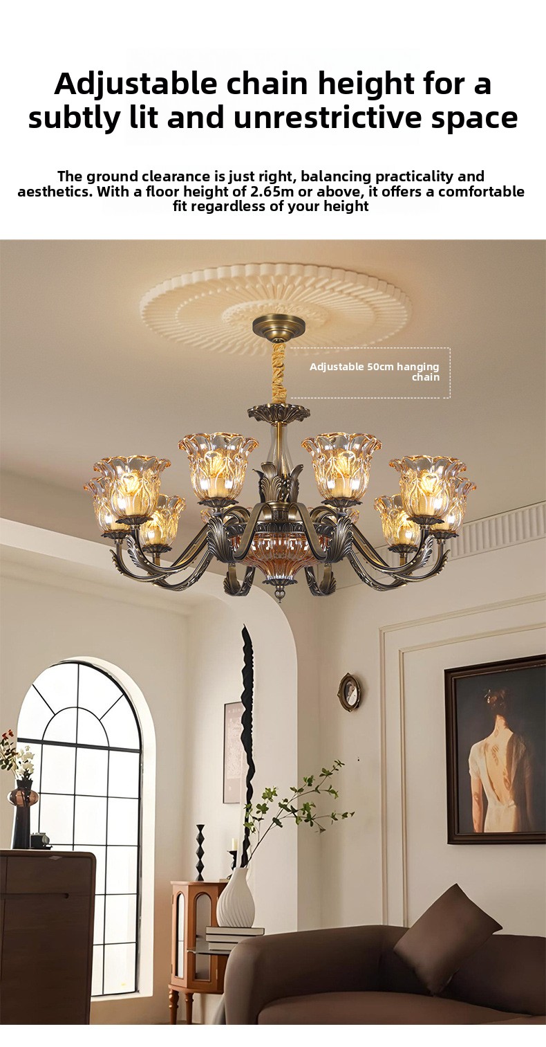 All-Copper American Retro Multi-Head Chandelier Glass Shade Pendant Light for Living Room Dining Room