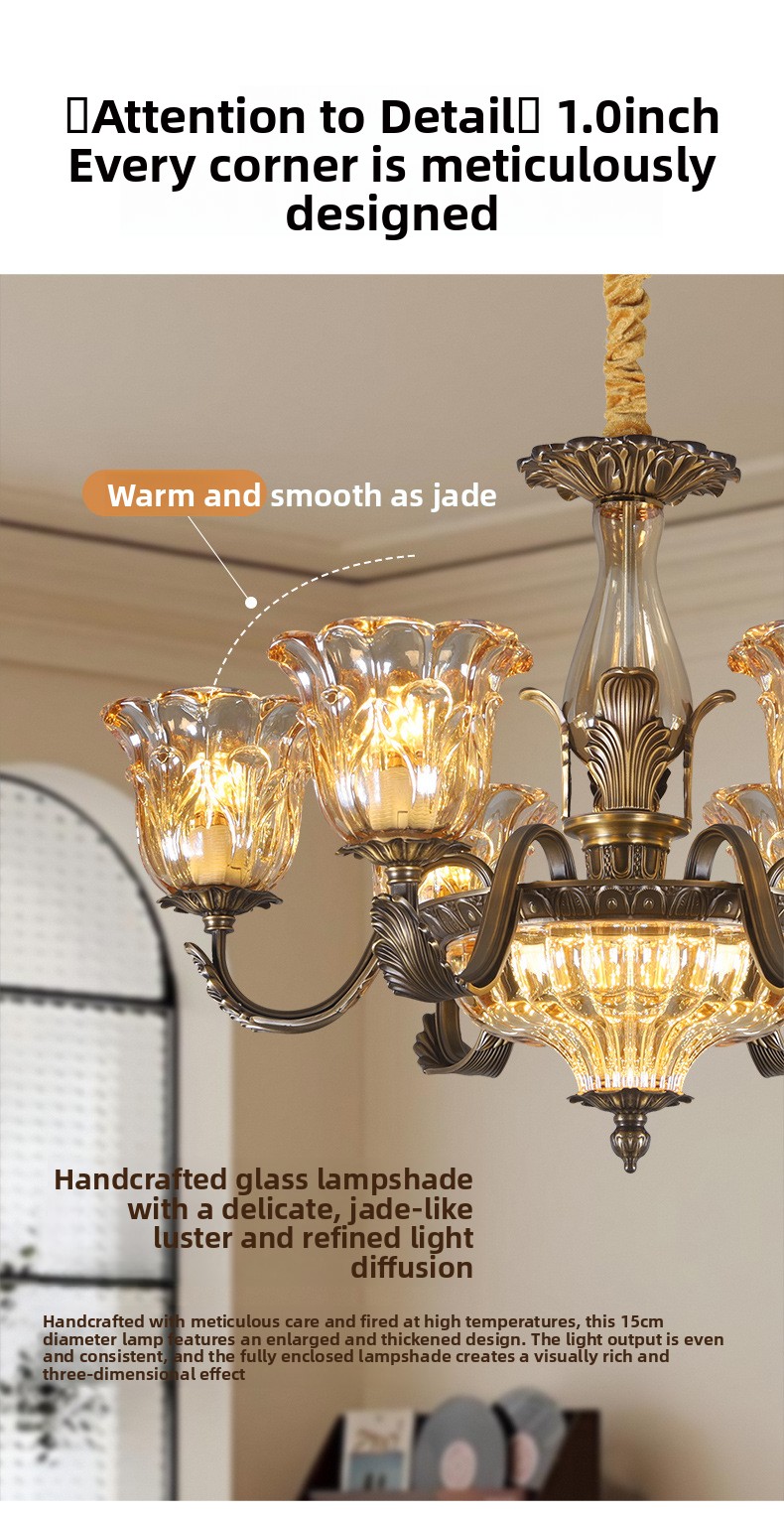 All-Copper American Retro Multi-Head Chandelier Glass Shade Pendant Light for Living Room Dining Room