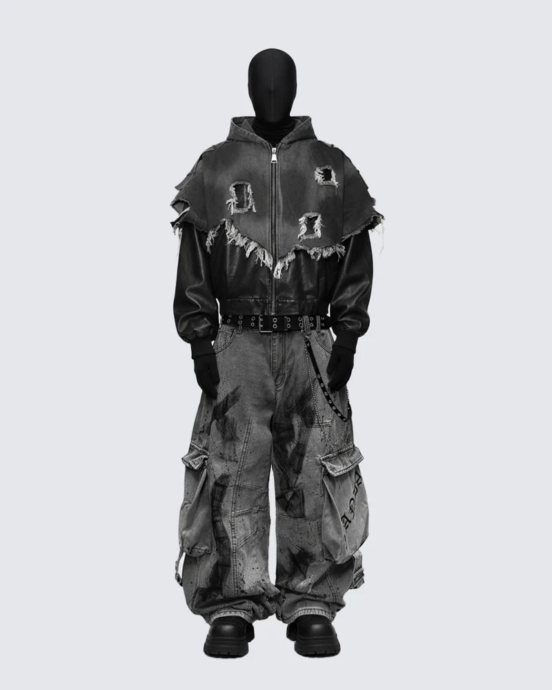 Men's Deconstructed Patchwork Multi-Pocket Ripped Wide-Leg Jeans