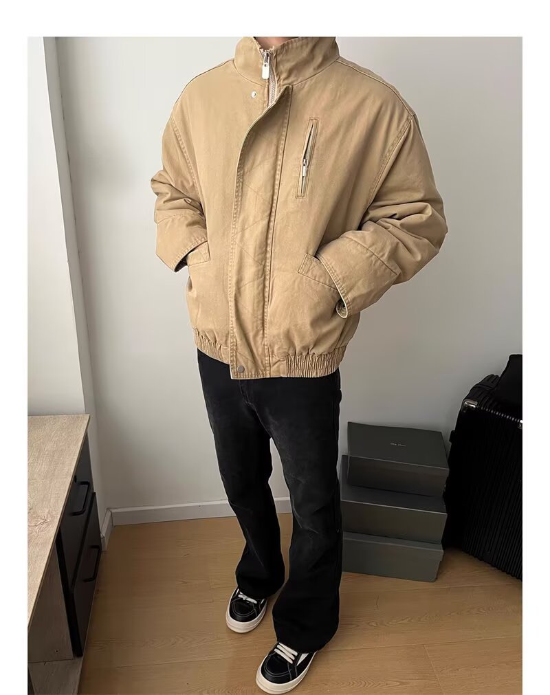 Men's Stand Collar Bomber Jacket Retro Loose Solid Outerwear