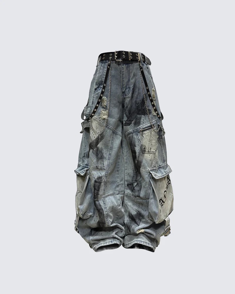 Men's Deconstructed Patchwork Multi-Pocket Ripped Wide-Leg Jeans