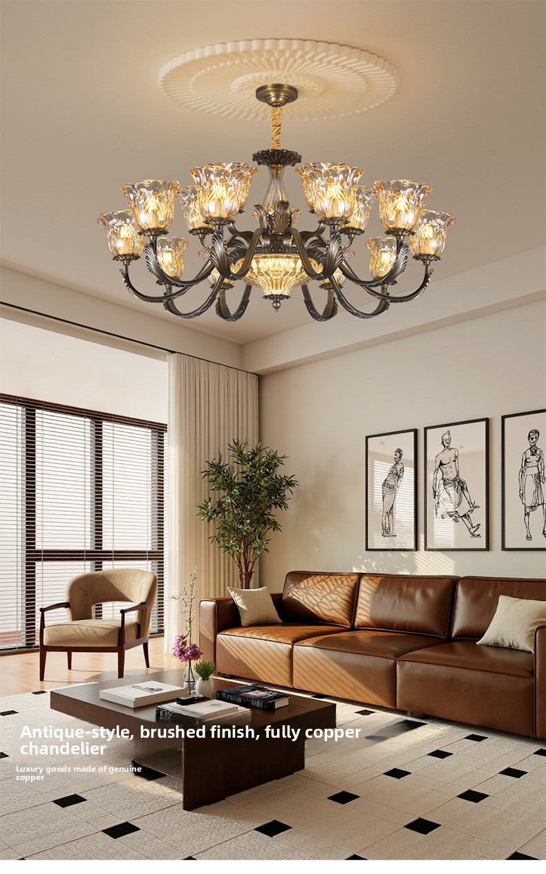 All-Copper American Retro Multi-Head Chandelier Glass Shade Pendant Light for Living Room Dining Room