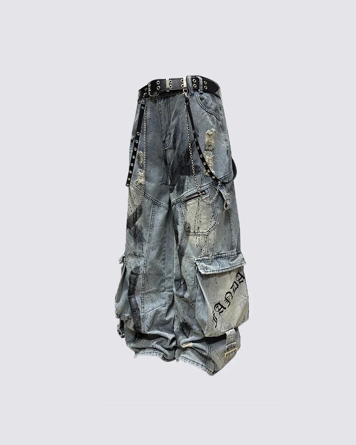 Men's Deconstructed Patchwork Multi-Pocket Ripped Wide-Leg Jeans