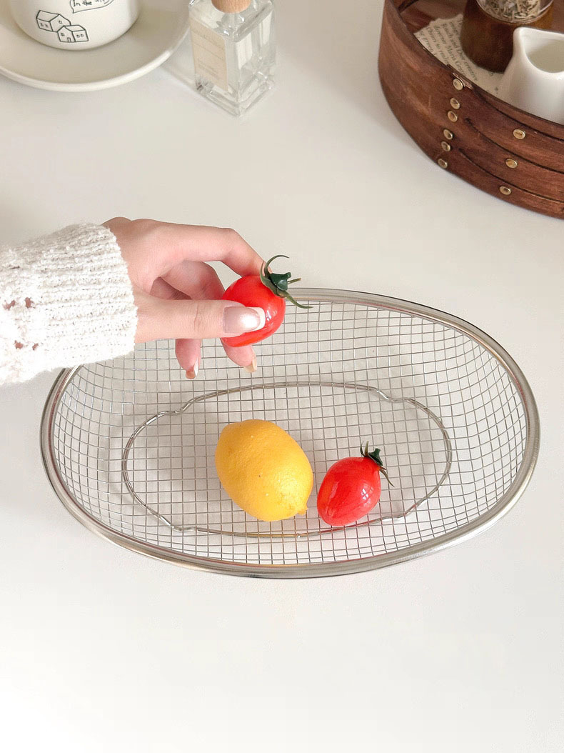 Hollow Stainless Steel Oval Draining Storage Basket