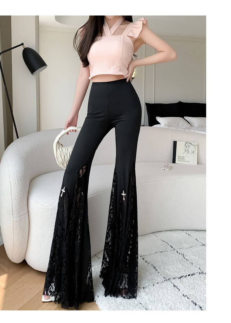 Women High-Waist Lace Stitching Fishtail Flared Trousers