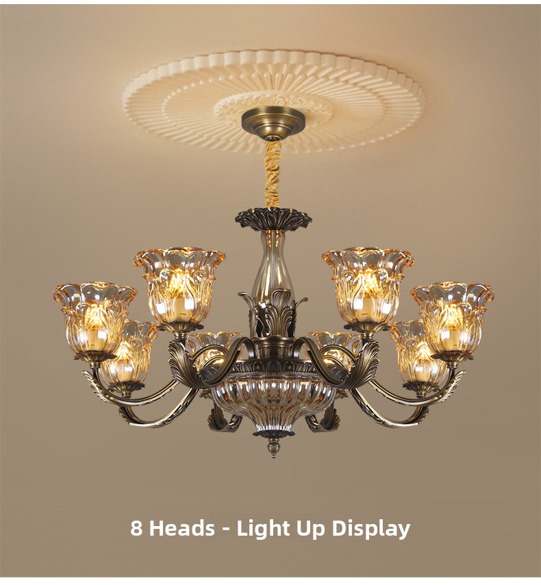 All-Copper American Retro Multi-Head Chandelier Glass Shade Pendant Light for Living Room Dining Room