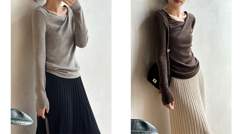 Women's Autumn Slanted Collar Slim Fit Long Sleeve Knit Top