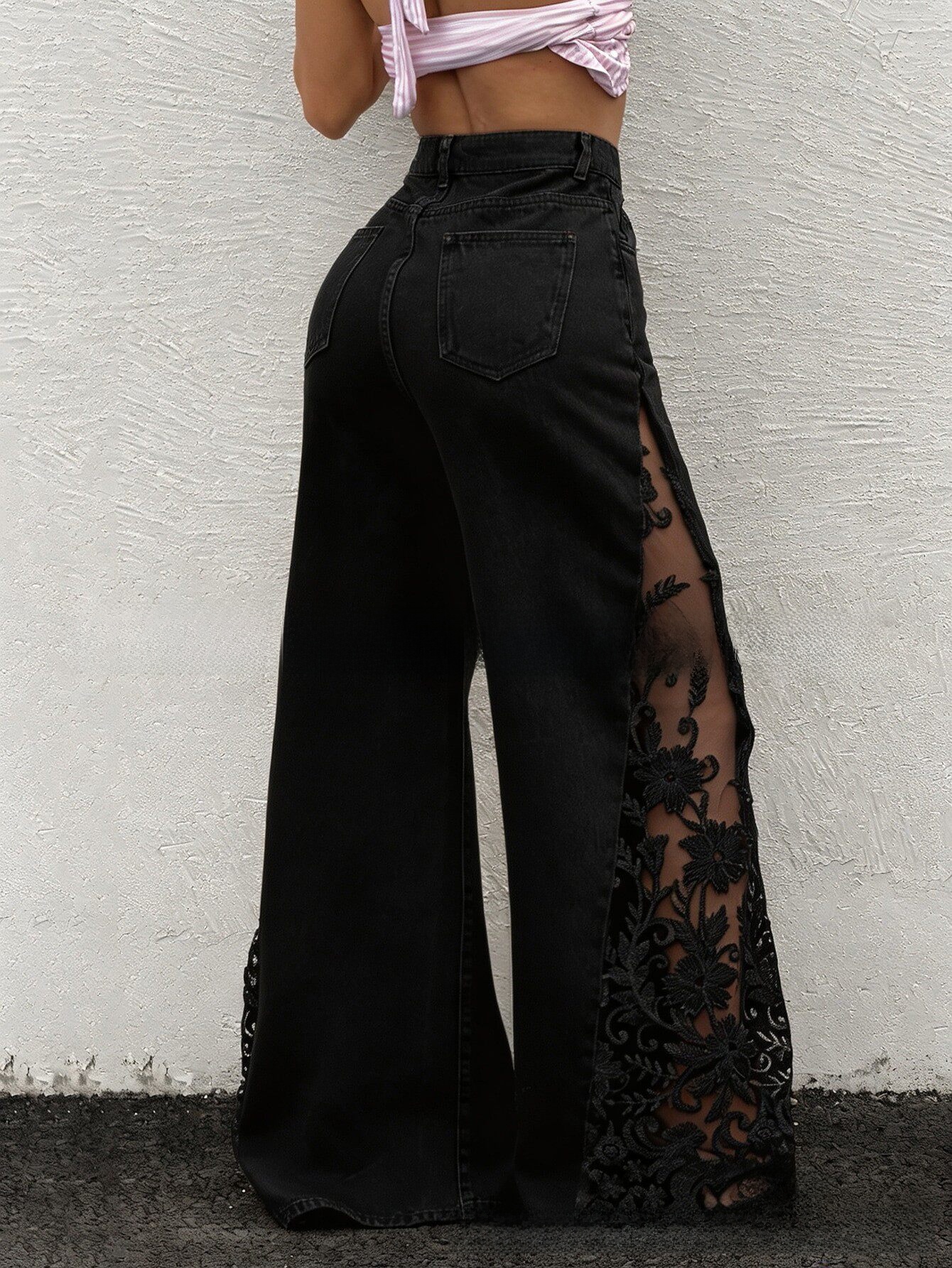 Women's Lace Patchwork High-Waisted Wide-Leg Denim Pants