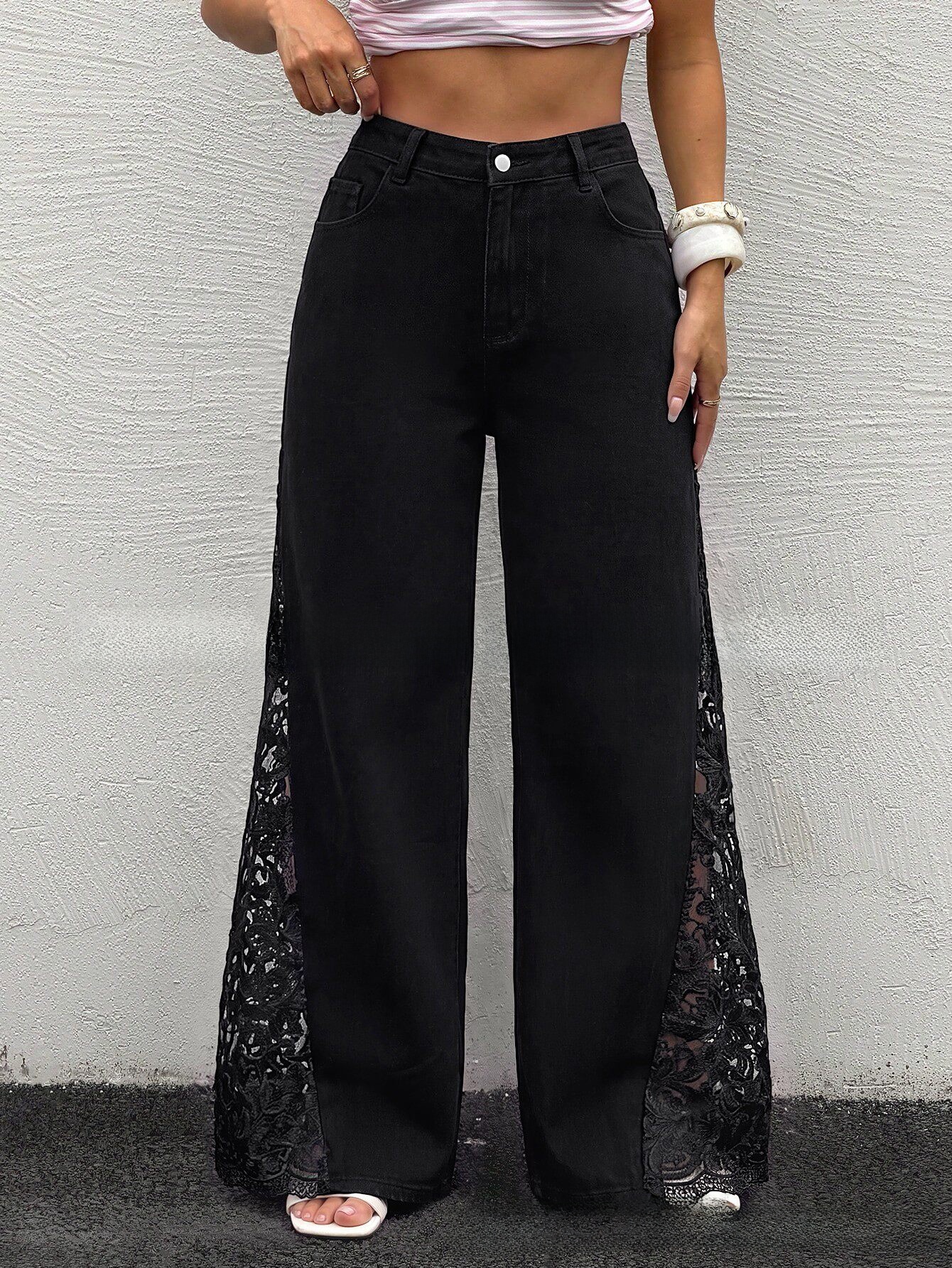 Women's Lace Patchwork High-Waisted Wide-Leg Denim Pants
