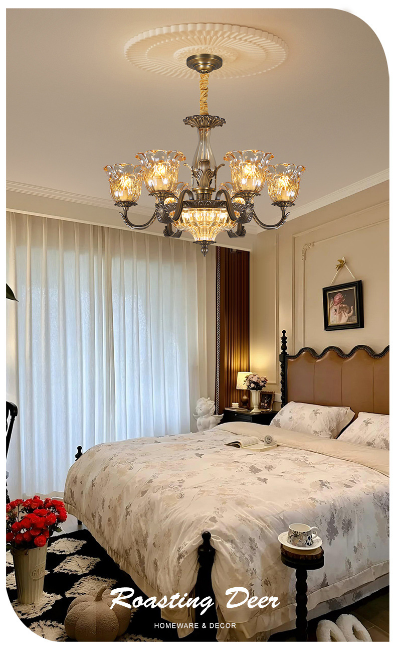 All-Copper American Retro Multi-Head Chandelier Glass Shade Pendant Light for Living Room Dining Room