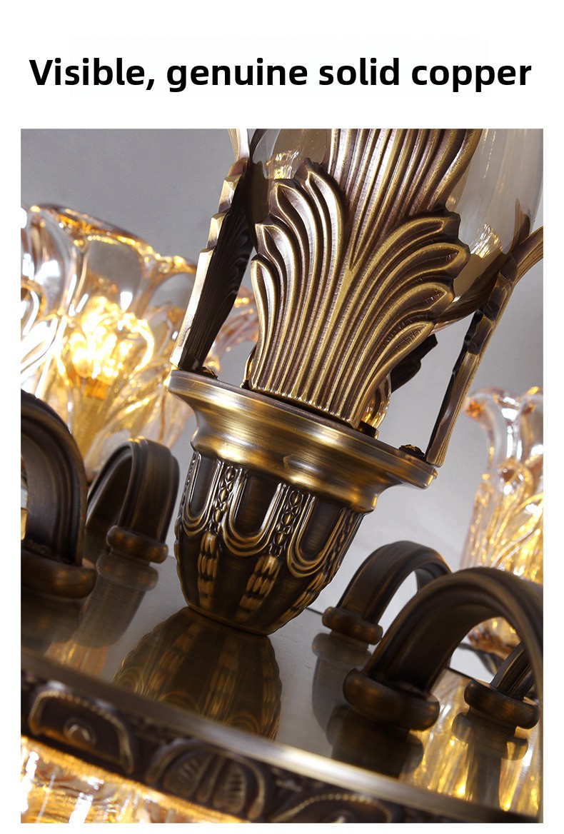 All-Copper American Retro Multi-Head Chandelier Glass Shade Pendant Light for Living Room Dining Room
