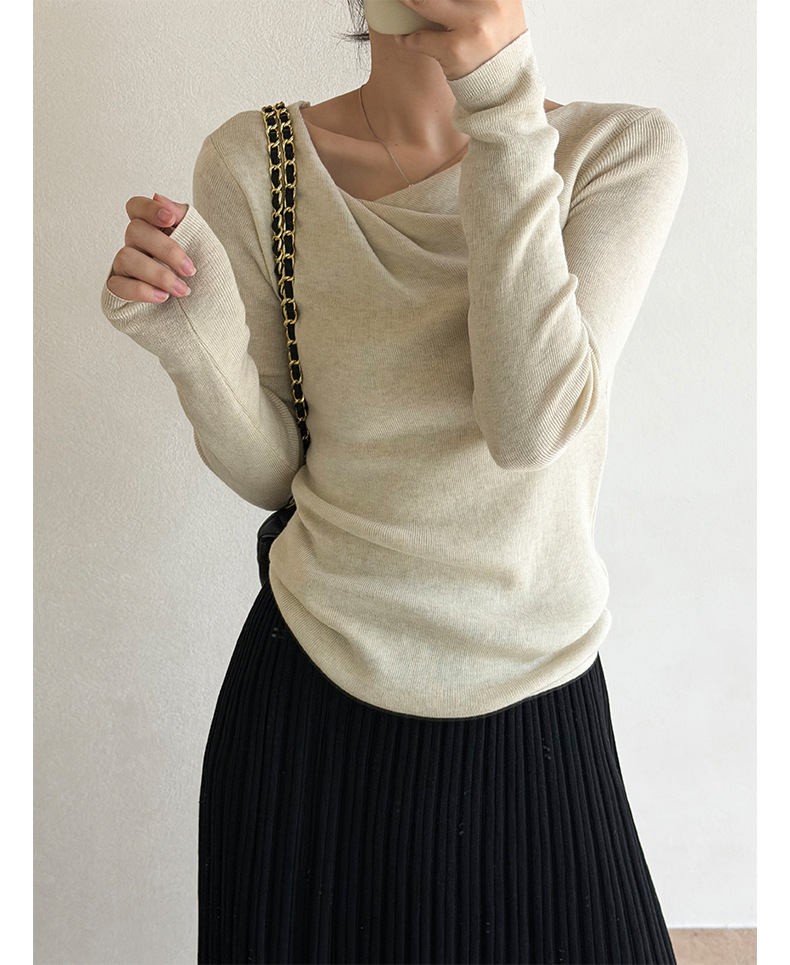 Women's Autumn Slanted Collar Slim Fit Long Sleeve Knit Top